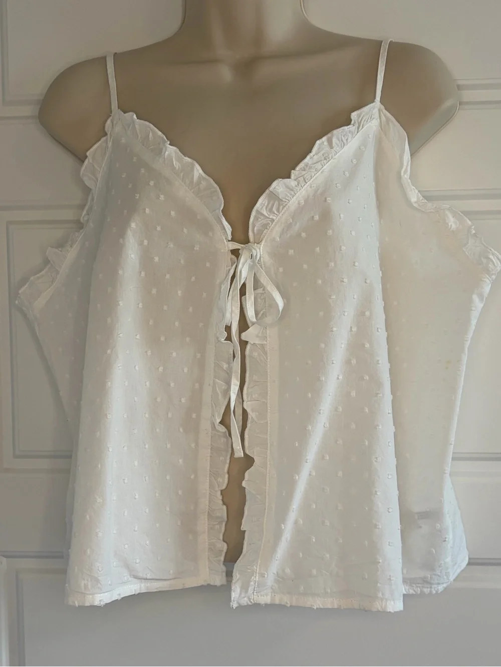 White Swiss Dot Ruffle Tie Front Camisole Top Sleeveless Cottagecore Boho Sz XL